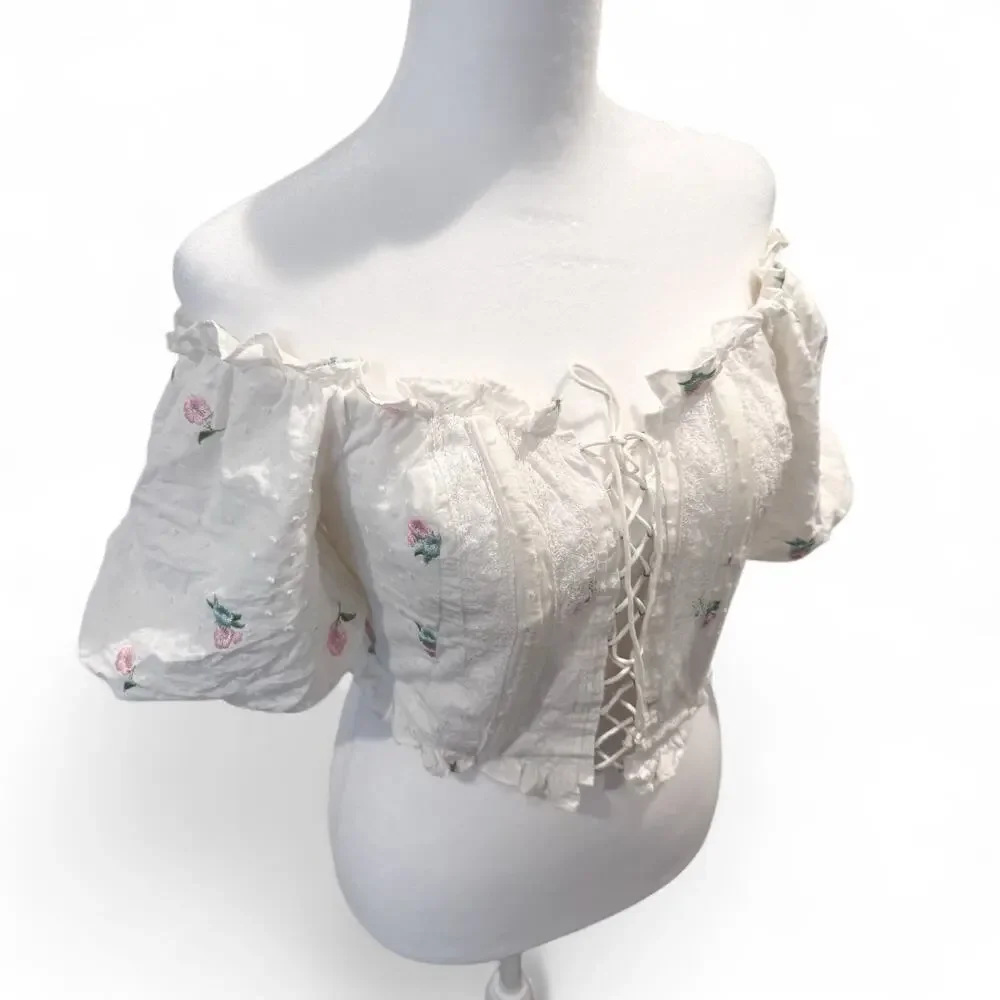 FOR LOVE & LEMONS Rainey Crop Top IVORY XS Eyelet Puff Sleeve Lace-Up - Picture 6 of 9